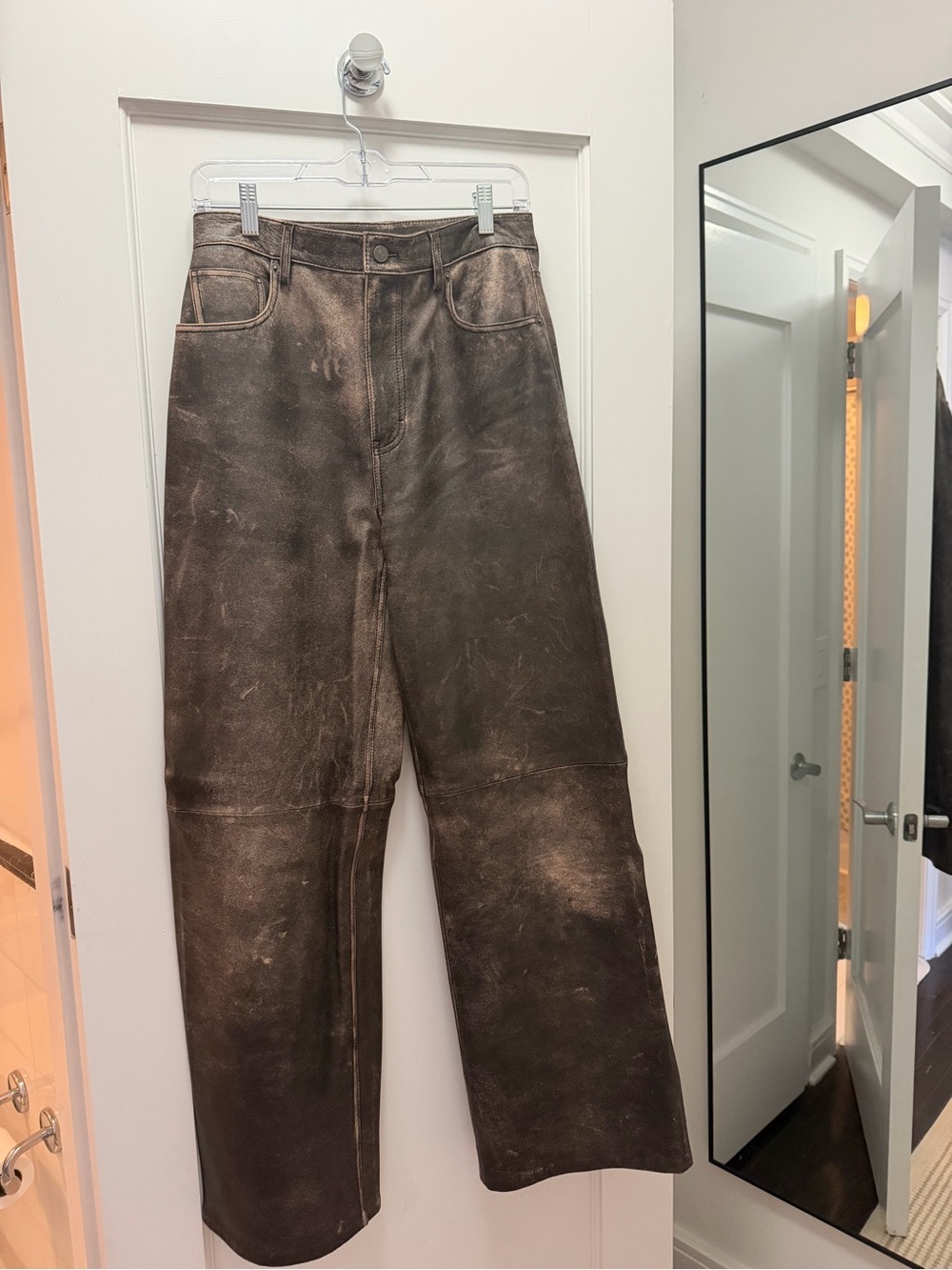 Reformation Veda Wide Leg Leather Distressed Pant in Brown